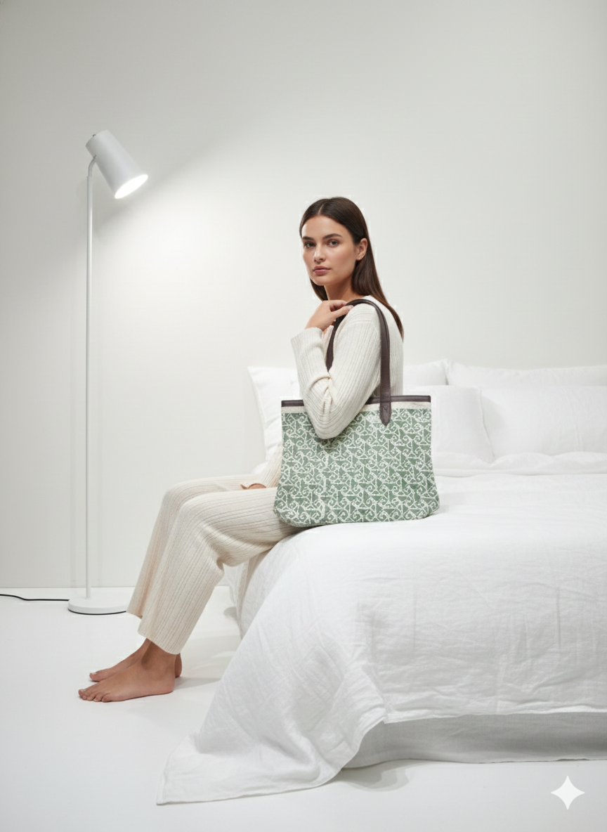 Green Geometric Print Cotton Tote Bag For Women