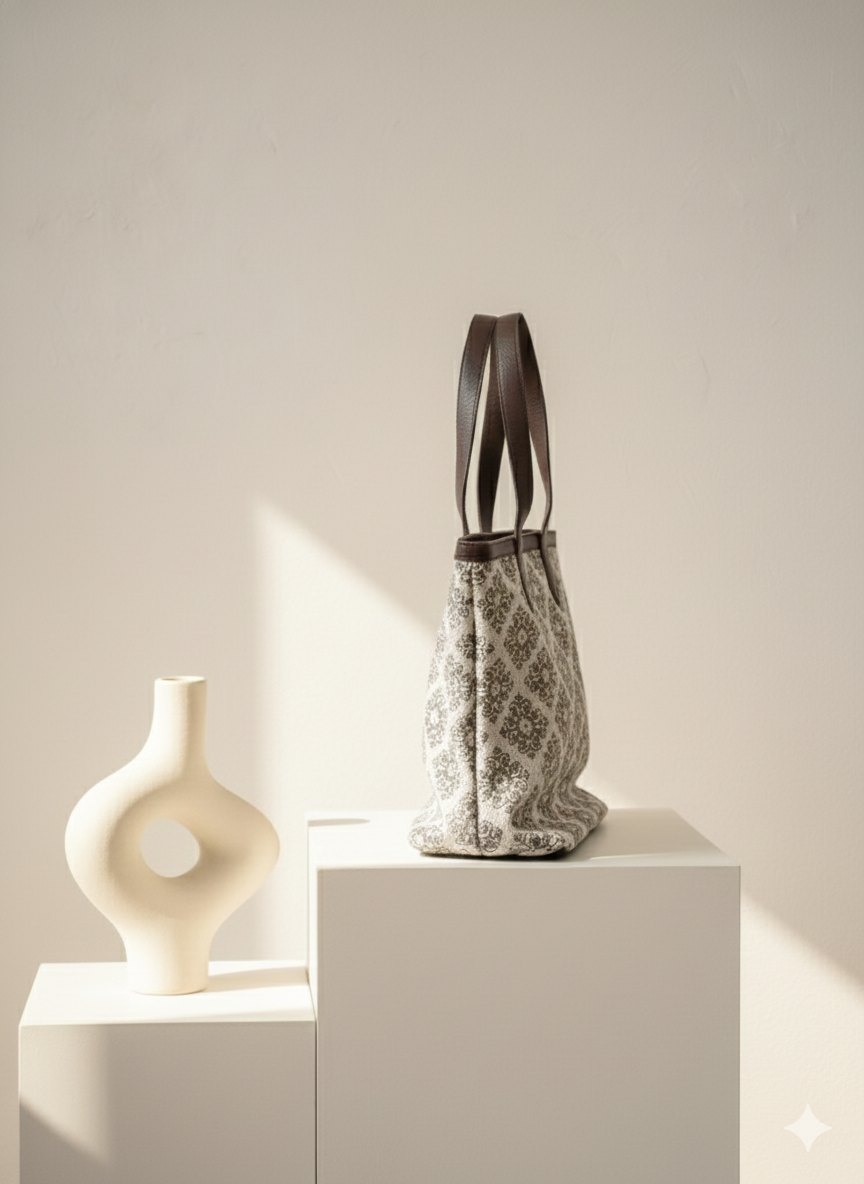 Brown Floral Print Cotton Tote Bag for Women