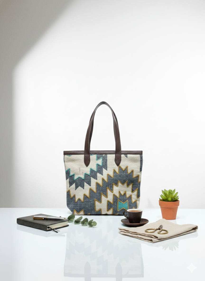 Multi color Geometric Print with Brown Handle Tote Bag for Women