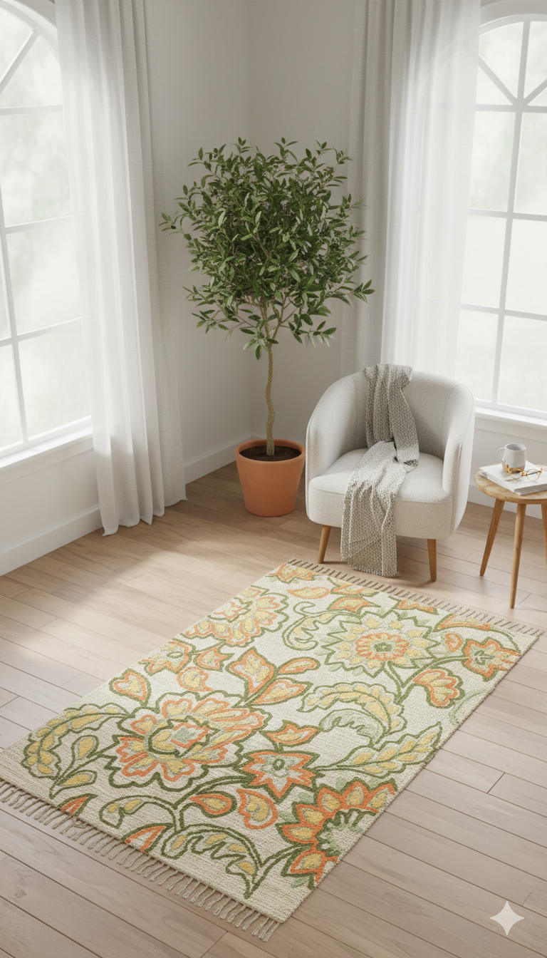 Beige Floral Vine Woven Cotton Jute Rug with Fringed Edges