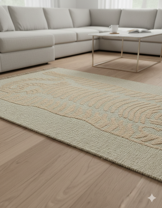 Beige Tiger Motif Tufted Cotton Jute Rug with Fringed Edges