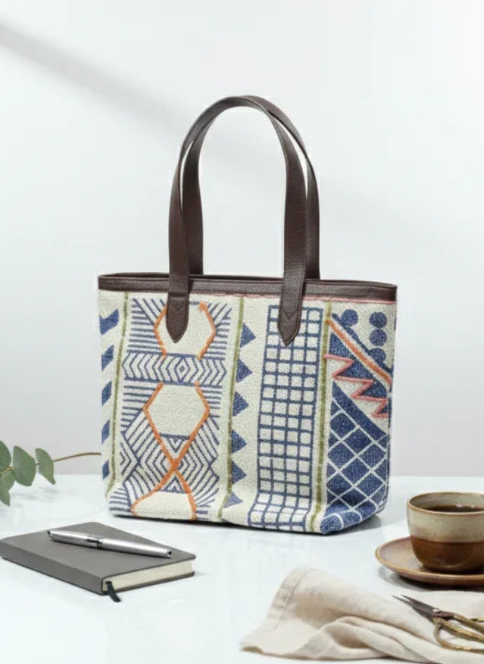 White Geometric Print Cotton Tote Bag with Brown Shoulder Straps for Women - SanskrutiHomes 