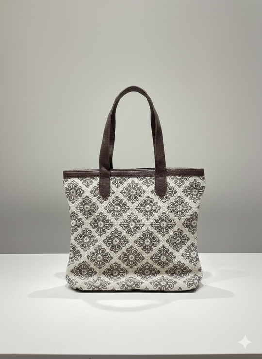 Brown Floral Print Cotton Tote Bag for Women