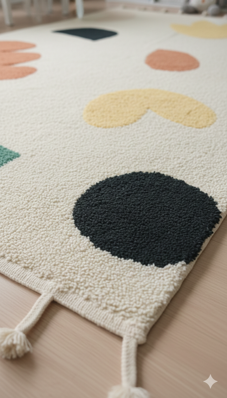 White Abstract Print Cotton Tufted Tassels Rug