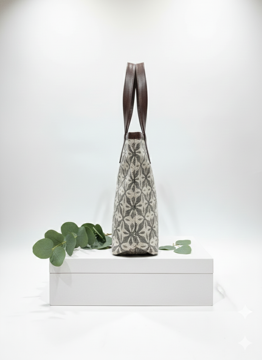 Coffee Brown Geometric Print With brown Shoulder Straps Cotton Tote Bag for Women