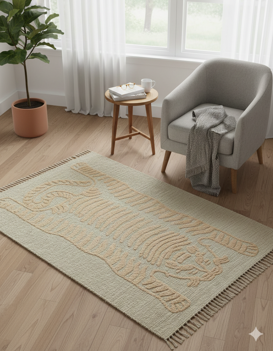 Beige Tiger Motif Tufted Cotton Jute Rug with Fringed Edges