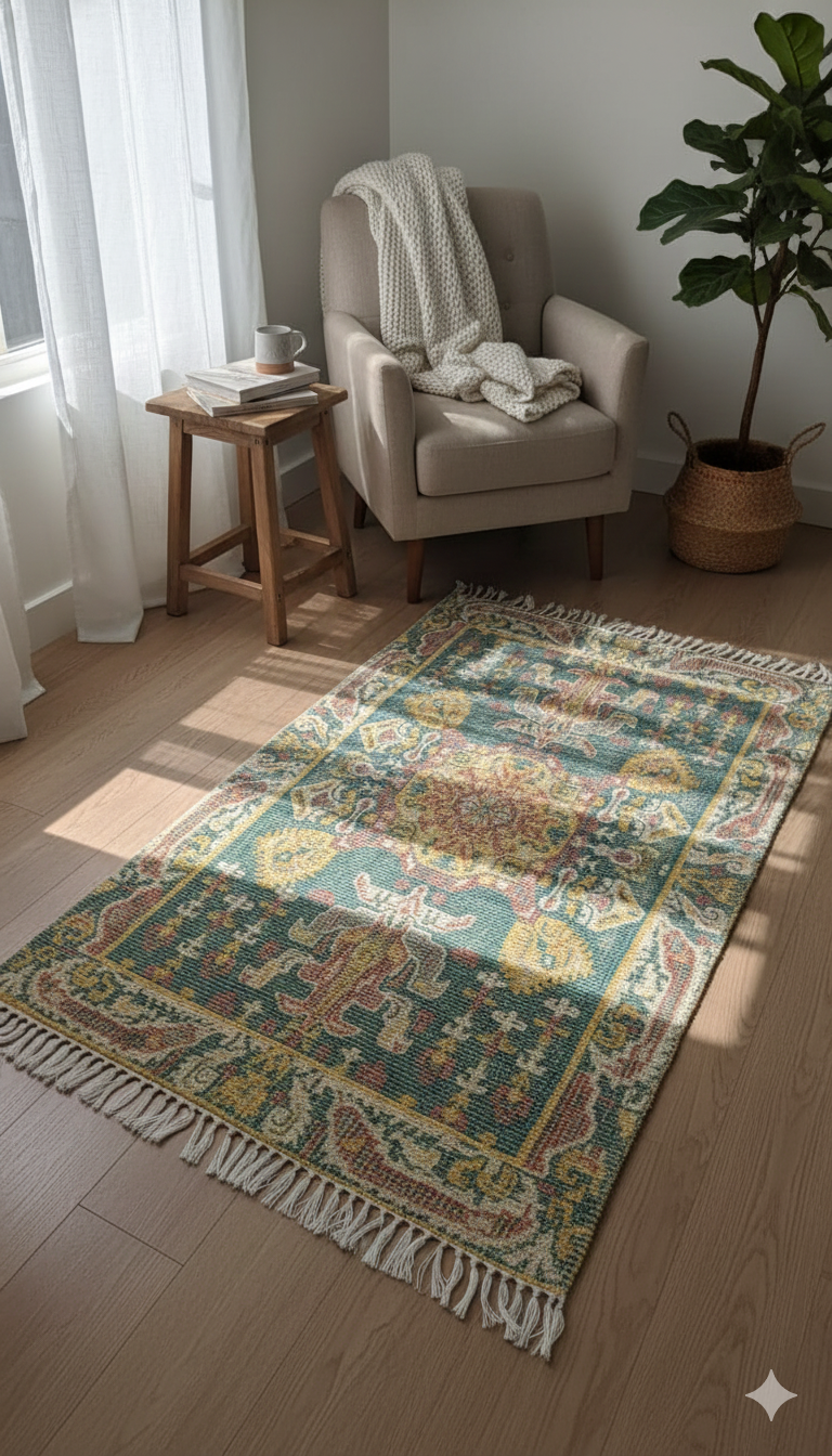 Sage Green Digital Geometric Print with fringed edges Rug