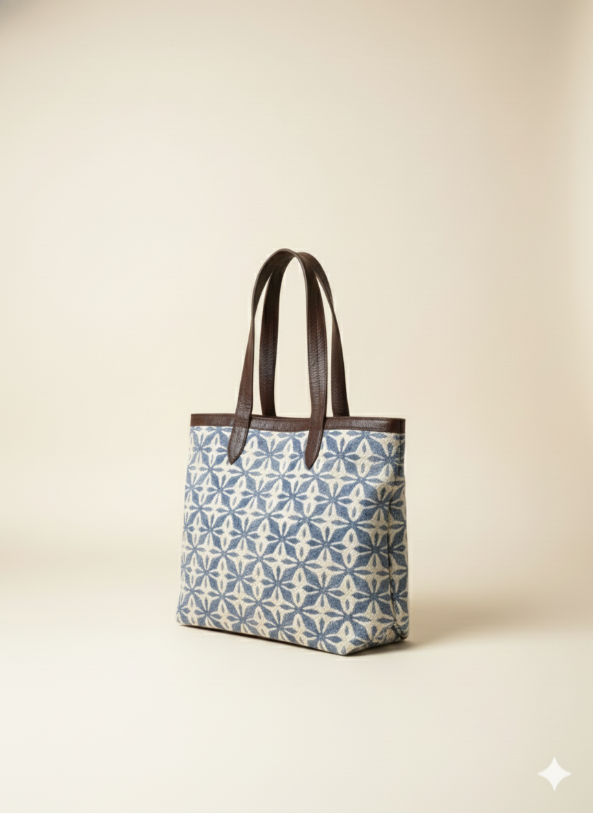 Blue Geometric floral Print Cotton Tote Bag for Women