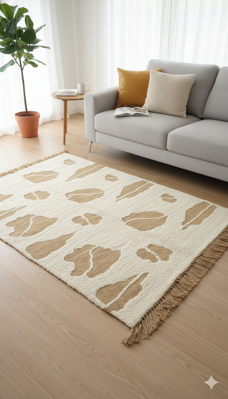 Beige Abstract Motif Woven Cotton Jute Rug with Fringed Edges