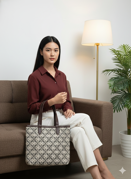 Coffee Brown Geometric Print With brown Shoulder Straps Cotton Tote Bag for Women