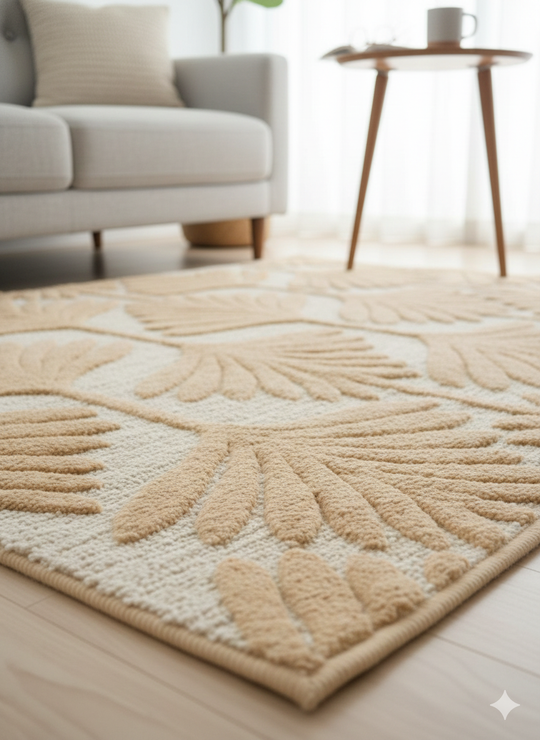 Beige Leaf Motif Woven Cotton Jute Tufted Rug with Fringed Edges