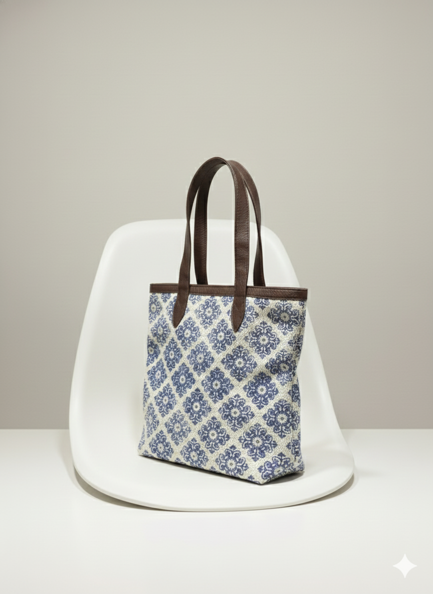 Indigo Floral Print Cotton Tote Bag for women