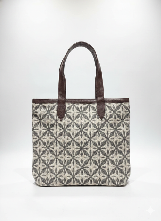 Coffee Brown Geometric Print With brown Shoulder Straps Cotton Tote Bag for Women