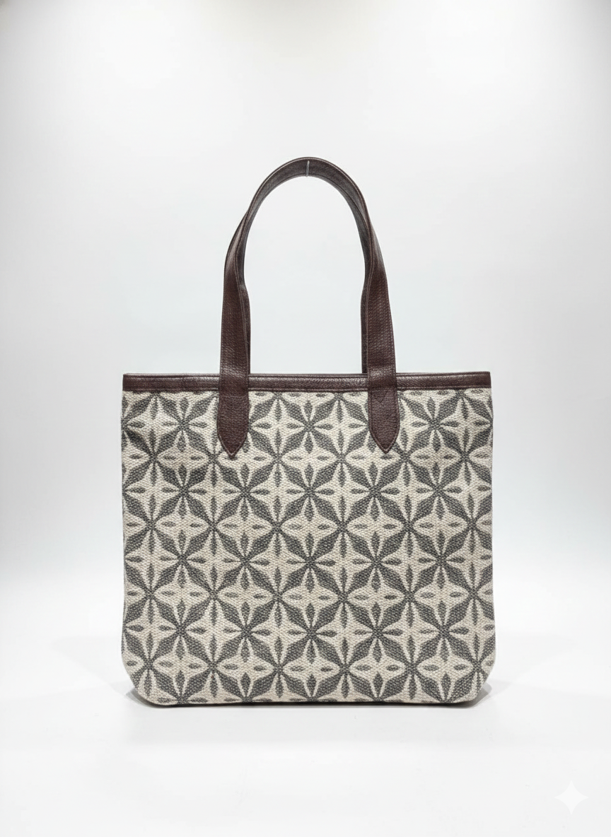 Coffee Brown Geometric Print With brown Shoulder Straps Cotton Tote Bag for Women
