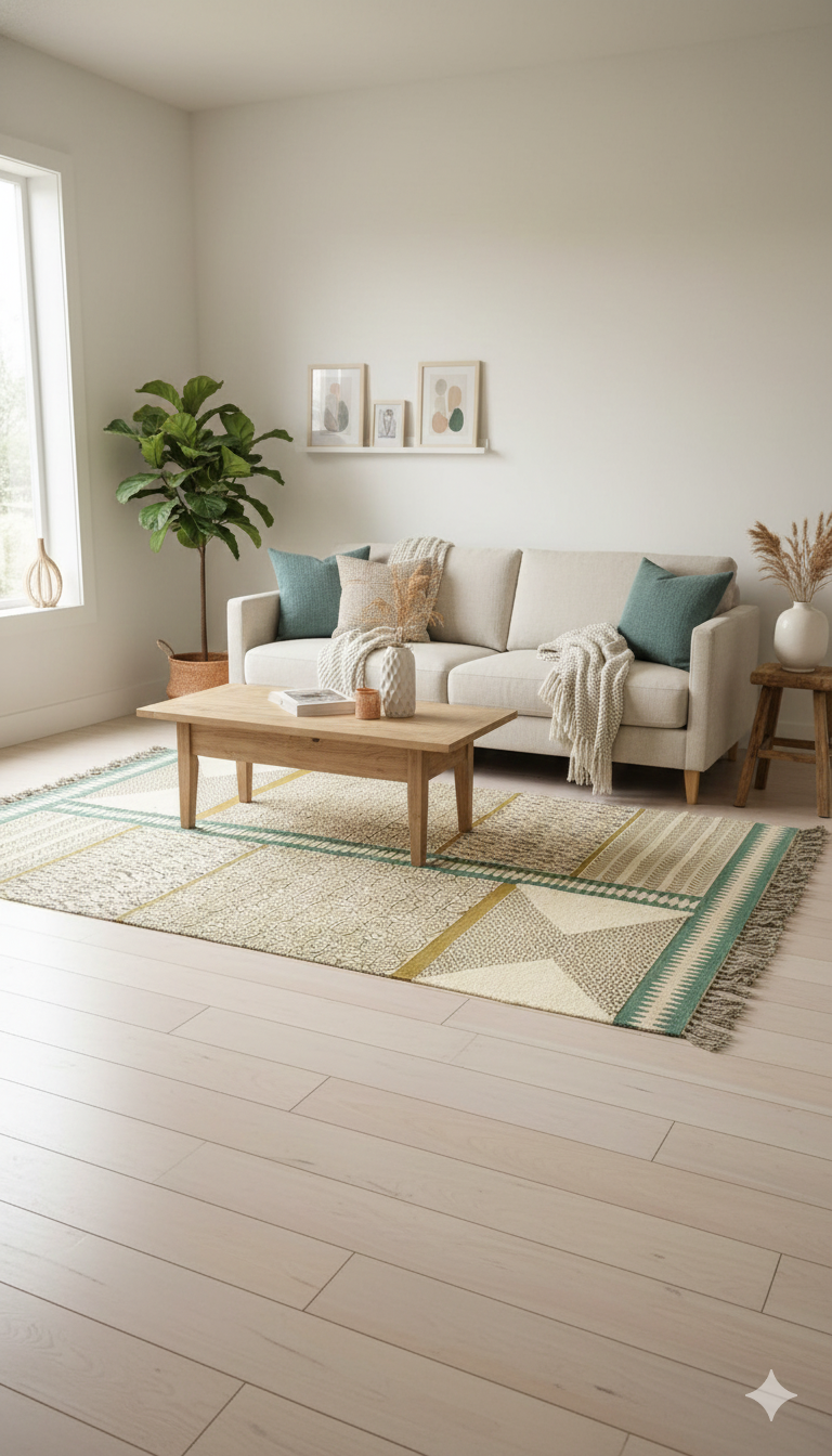 Beige Geometric Patchwork Polyester Woven with Fringed Edges Area Rug