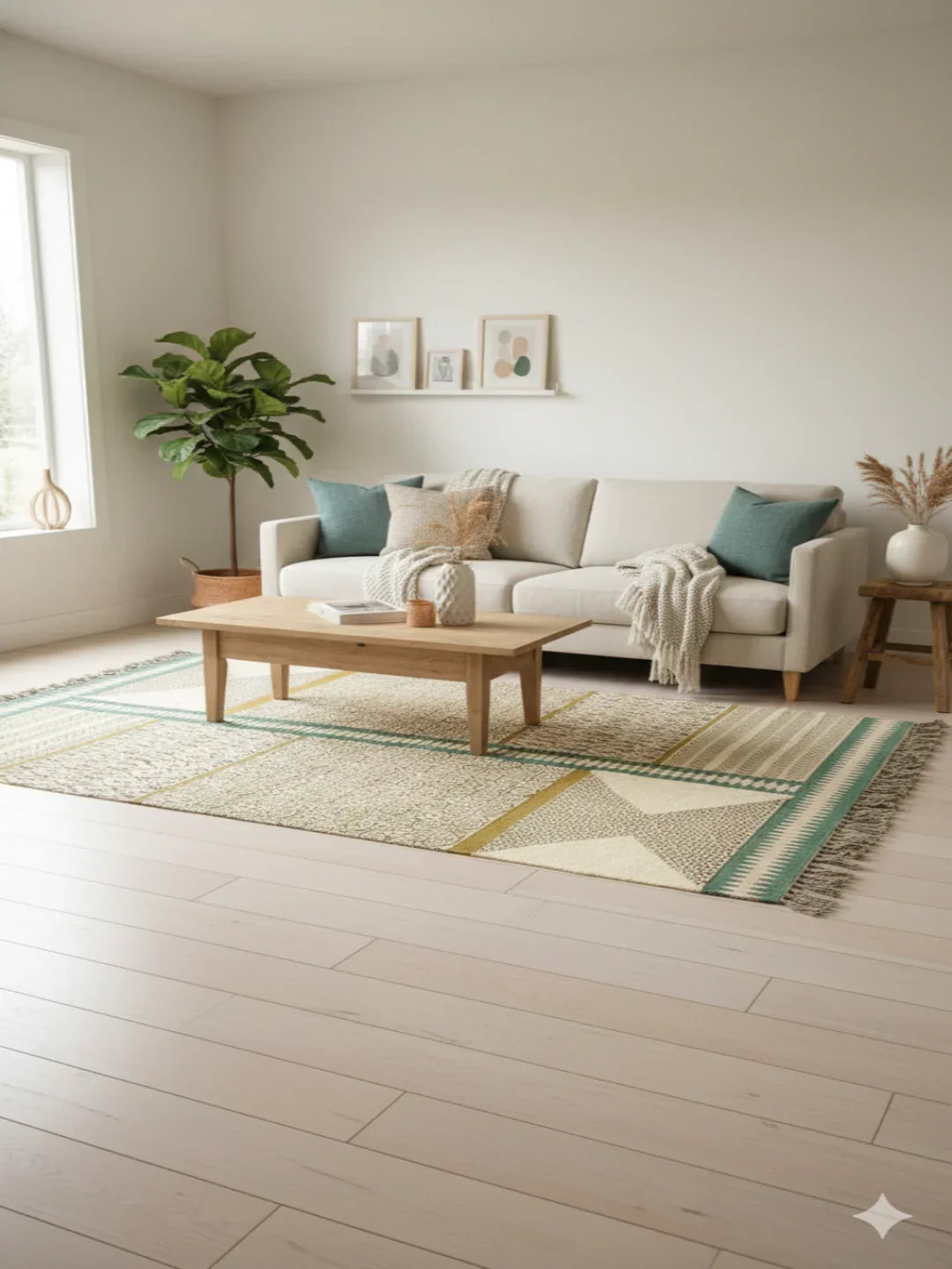Beige Geometric Patchwork Polyester Woven With Fringed Edges Area Rug