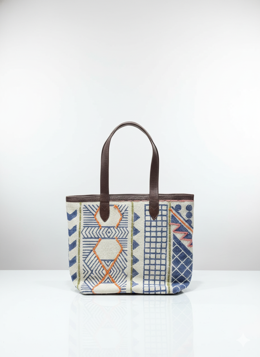 White Geometric Print Cotton Tote Bag with Brown Shoulder Straps for Women