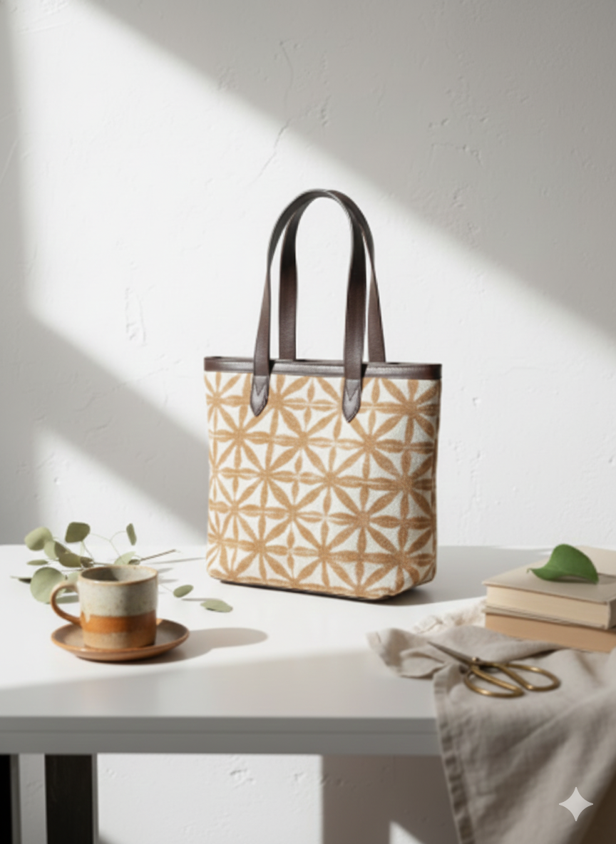 Brown Geometric Print Canvas Tote Bag with Brown Leatherette Handles for Women