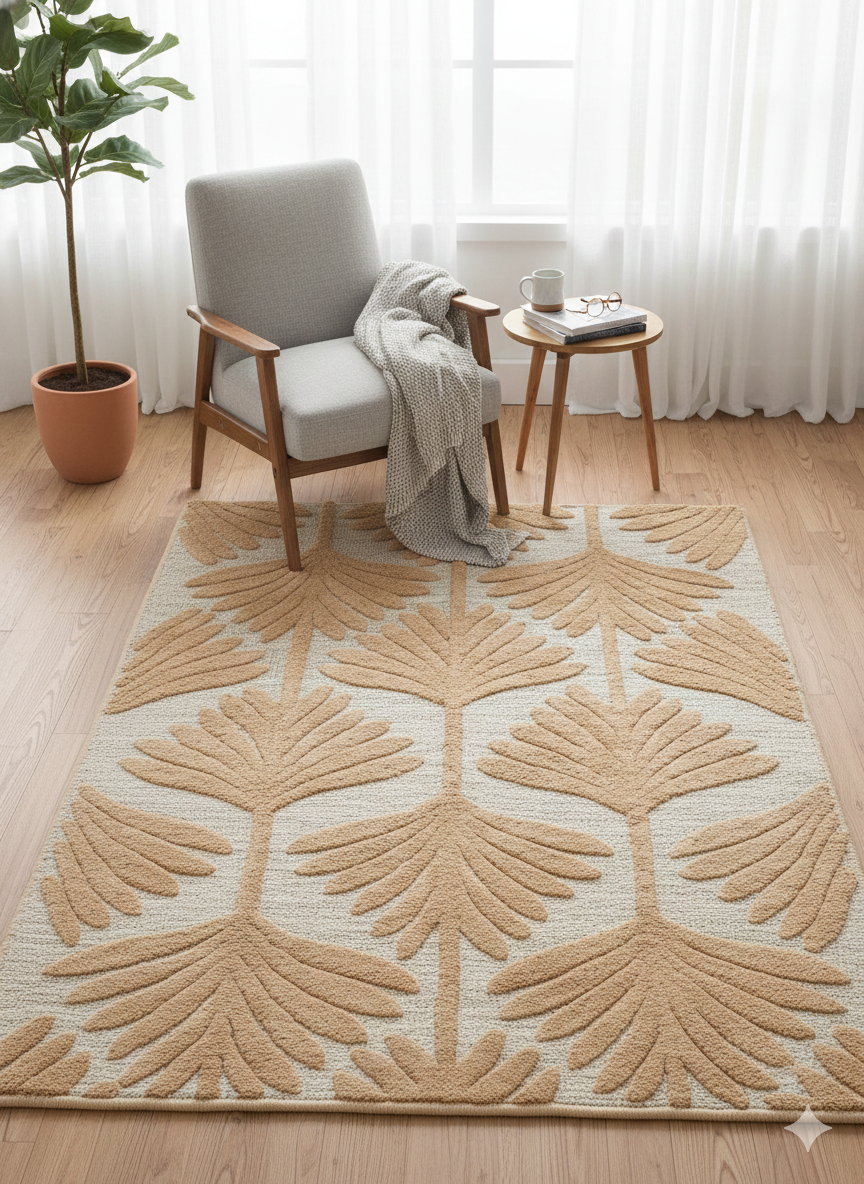 Beige Leaf Motif Woven Cotton Jute Tufted Rug with Fringed Edges
