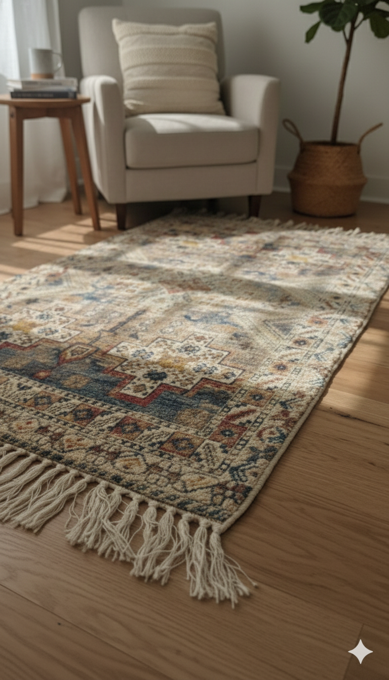 Beige  Geometric Cotton Woven Digital Print Polyester Fringed Edges Rug