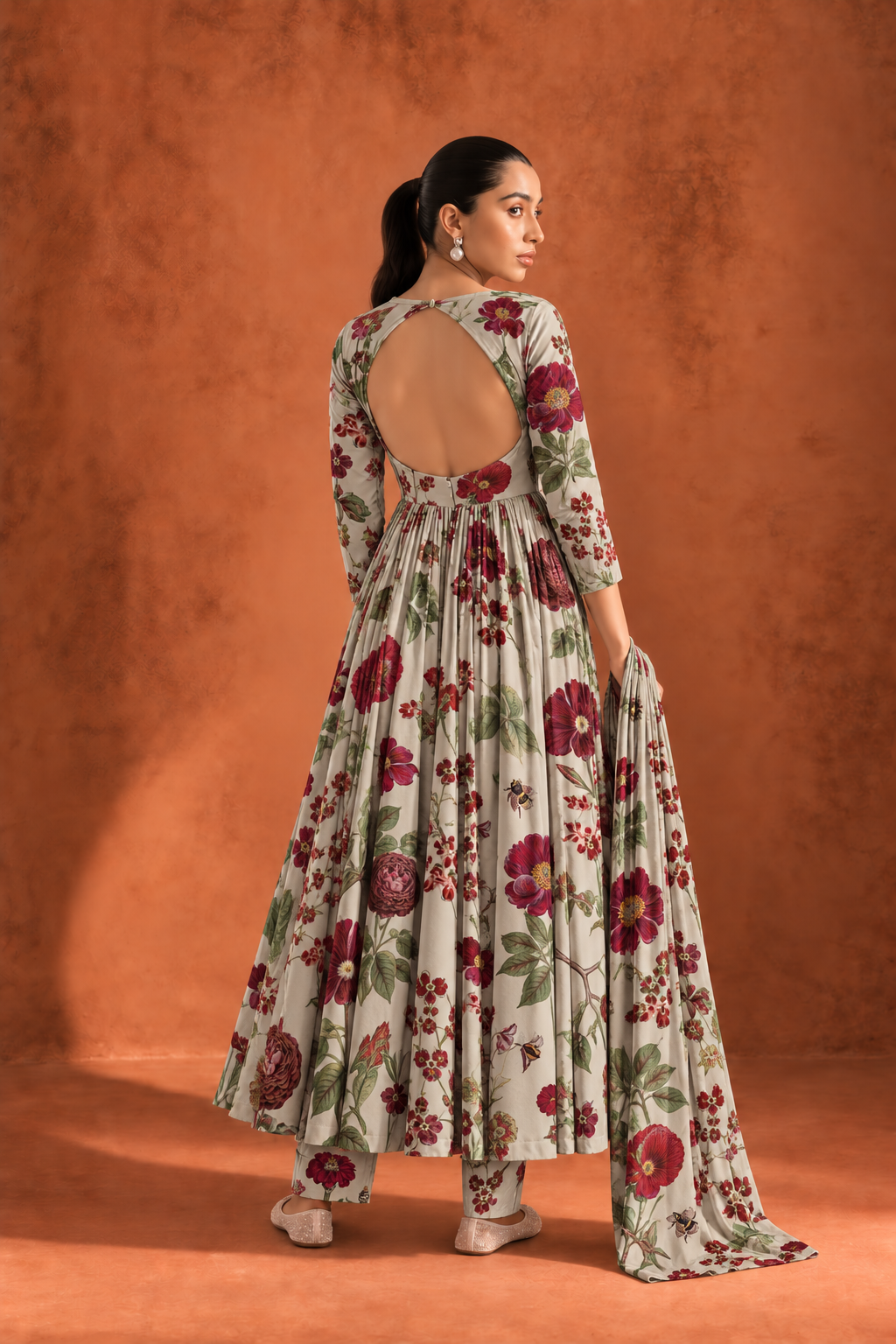 White & Red Round Neck Floral Print Anarkali Kurta Set For Women