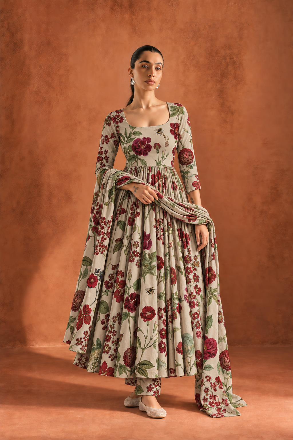 White & Red Round Neck Floral Print Anarkali Kurta Set For Women
