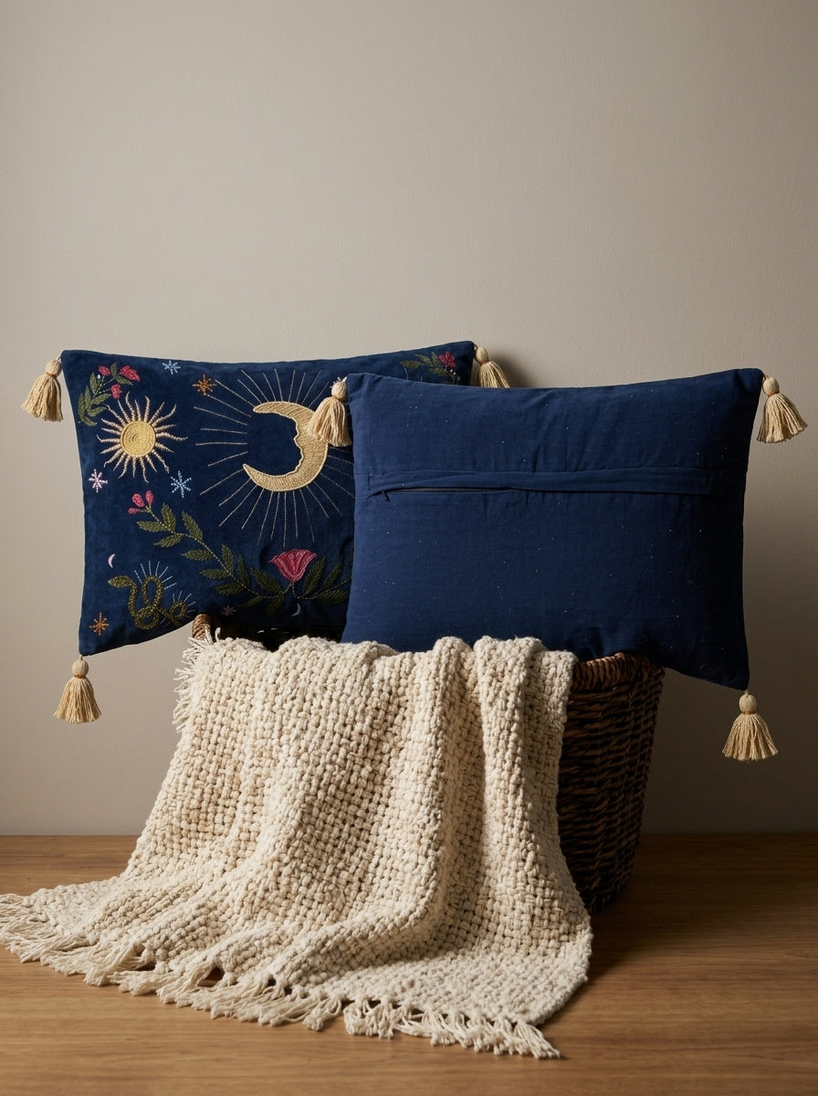 Navy Blue Velvet Rectangle Moon & Sun Embroidered Cushion Cover