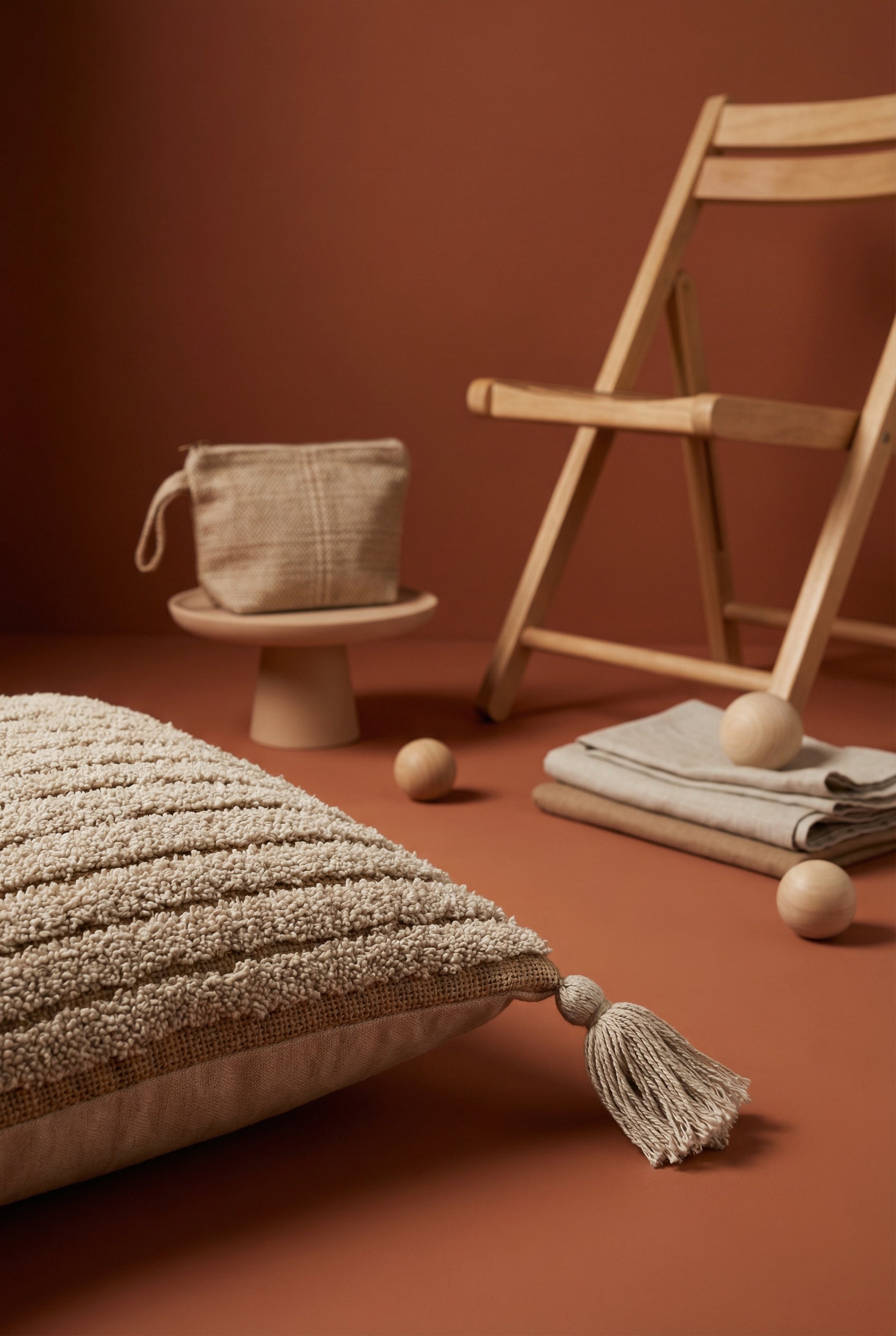 Beige Squared Textured Cotton Cushion Cover With Geometric Tufted Design