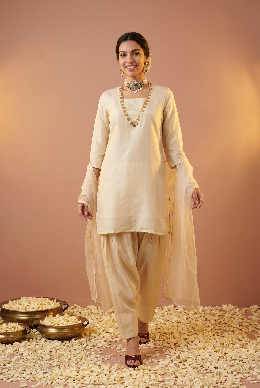 Ivory Cream Tissue Silk Full Sleeve Farshi Kurta With Salwar & Dupatta Set For Women