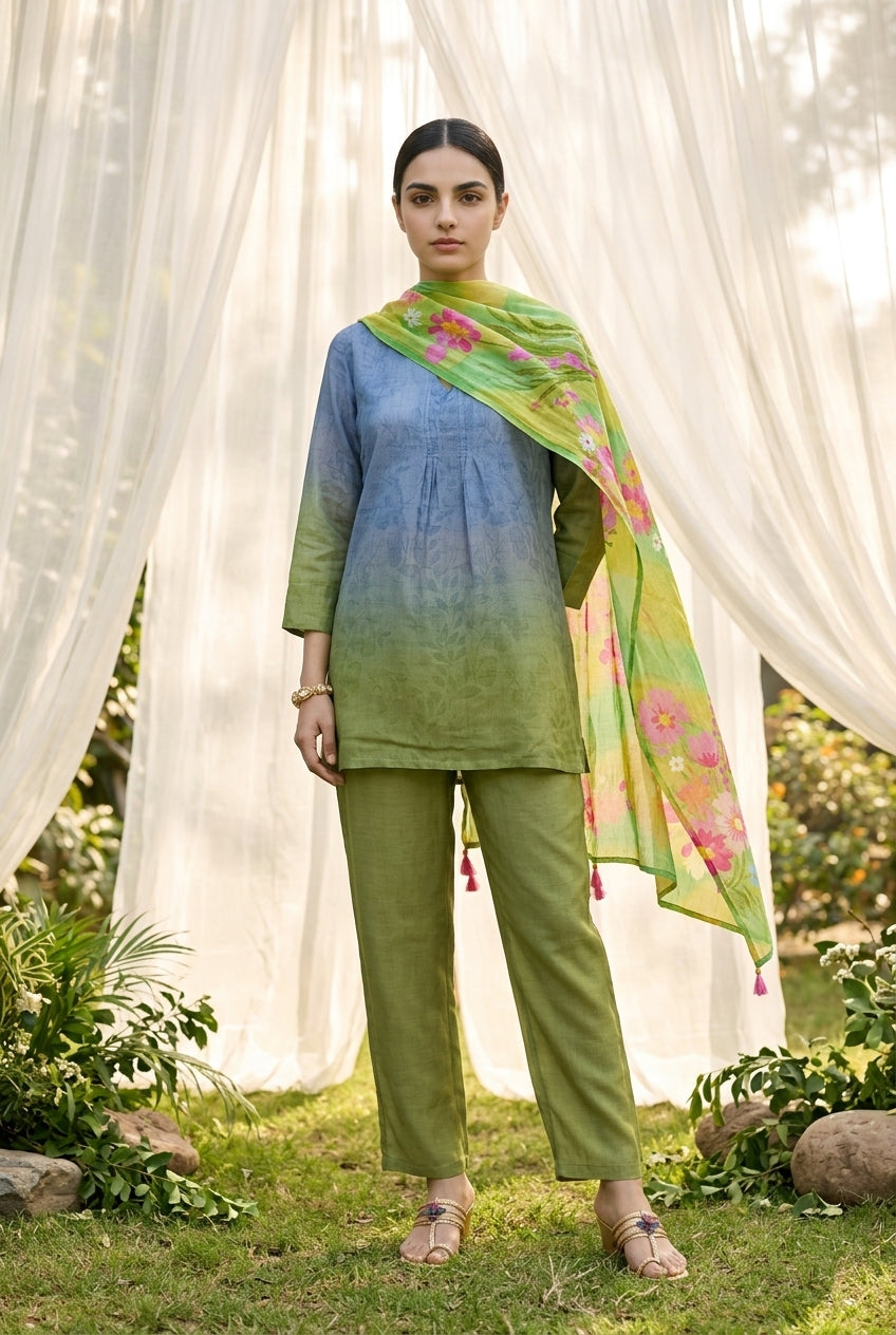 Blue & Olive Green V-Neck Ombre Print Women Co-Ord Set With Floral Dupatta