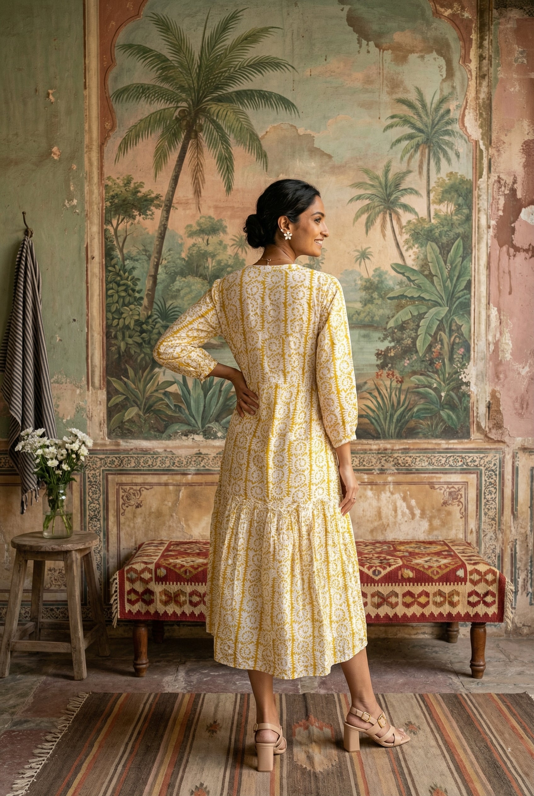 Yellow Motifs V-Neck Pure Cotton Dress For Women