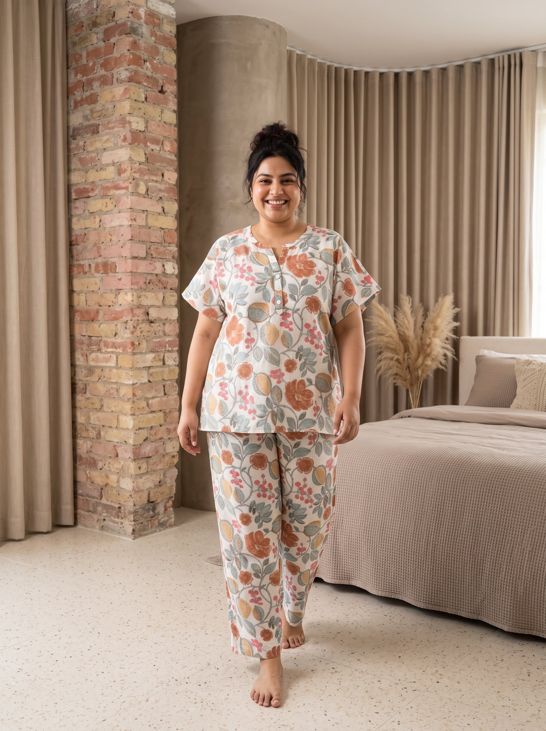 White Floral Notch Neck Cotton Plus Size Night Suit For Women