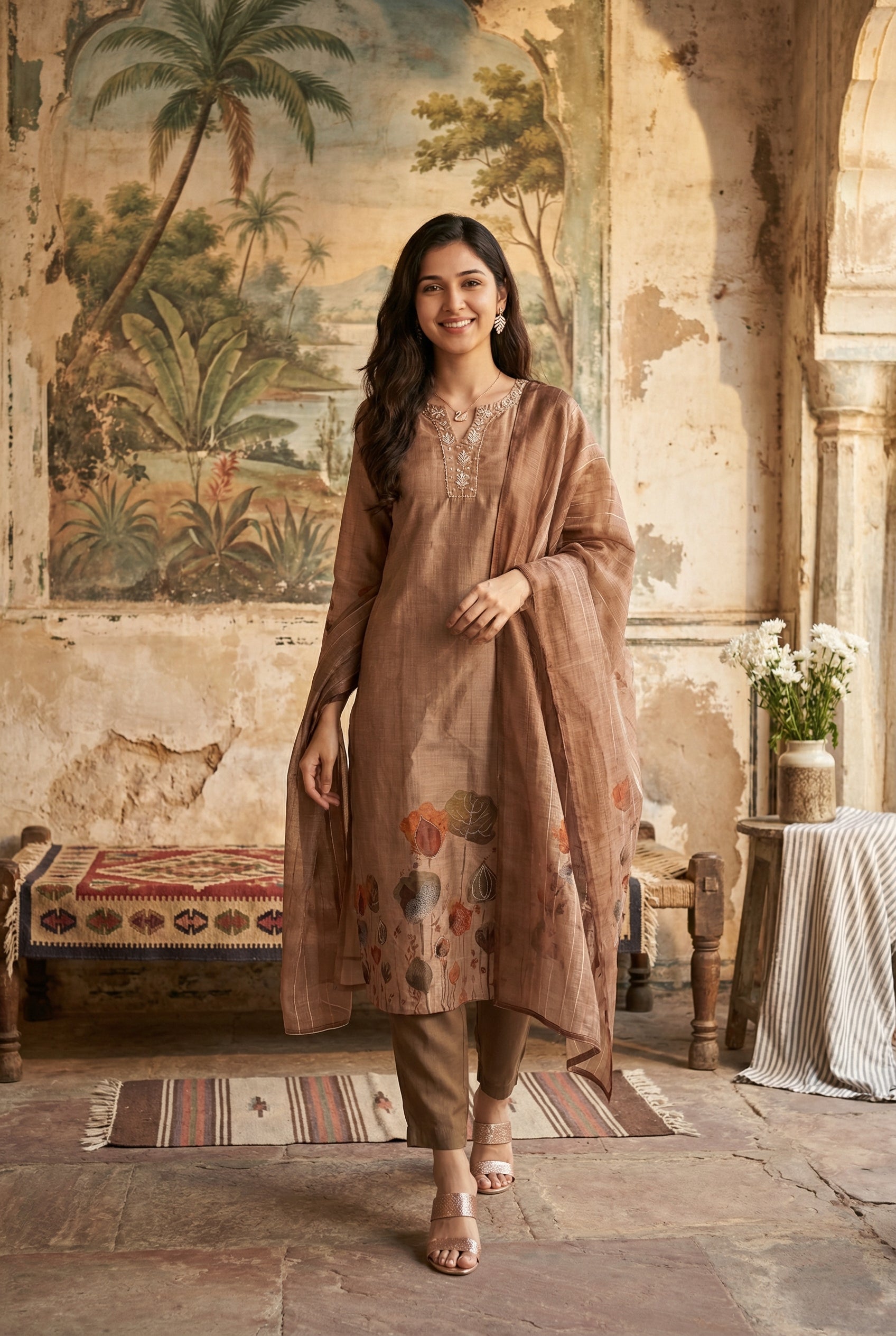 Brown Floral Print Round Neck Kurta Set With Dupatta For Women