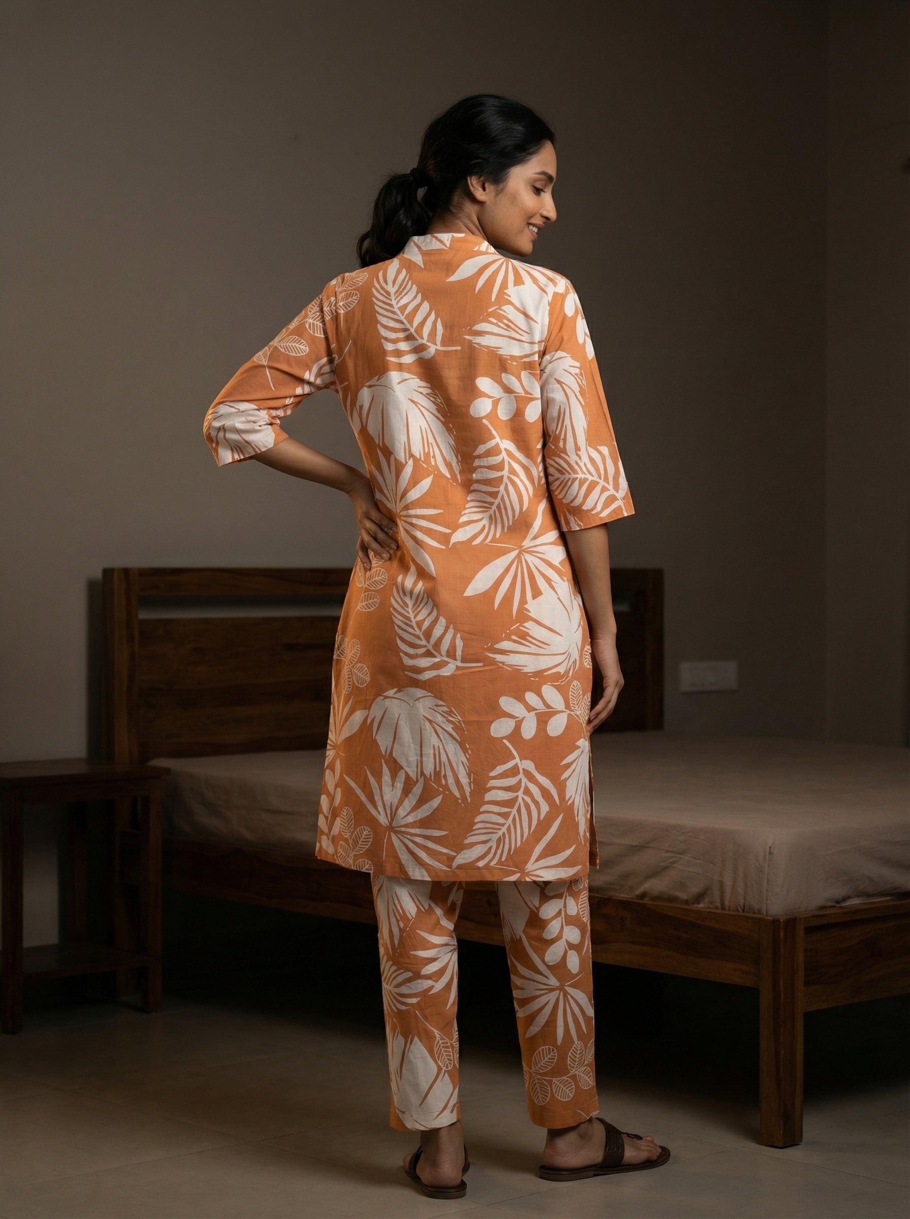 Orange Leaf Print Round Neck Pure Cotton Three Piece Night Suit Set for Women