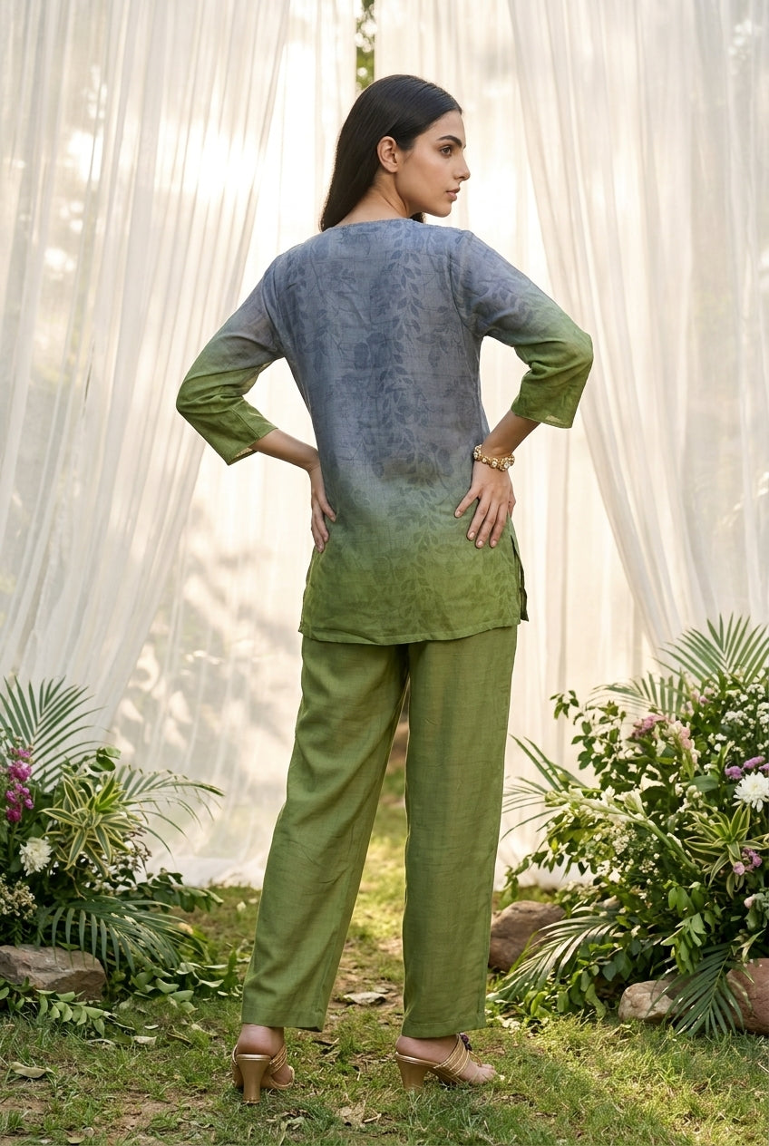 Blue & Olive Green V-Neck Ombre Print Women Co-Ord Set With Floral Dupatta