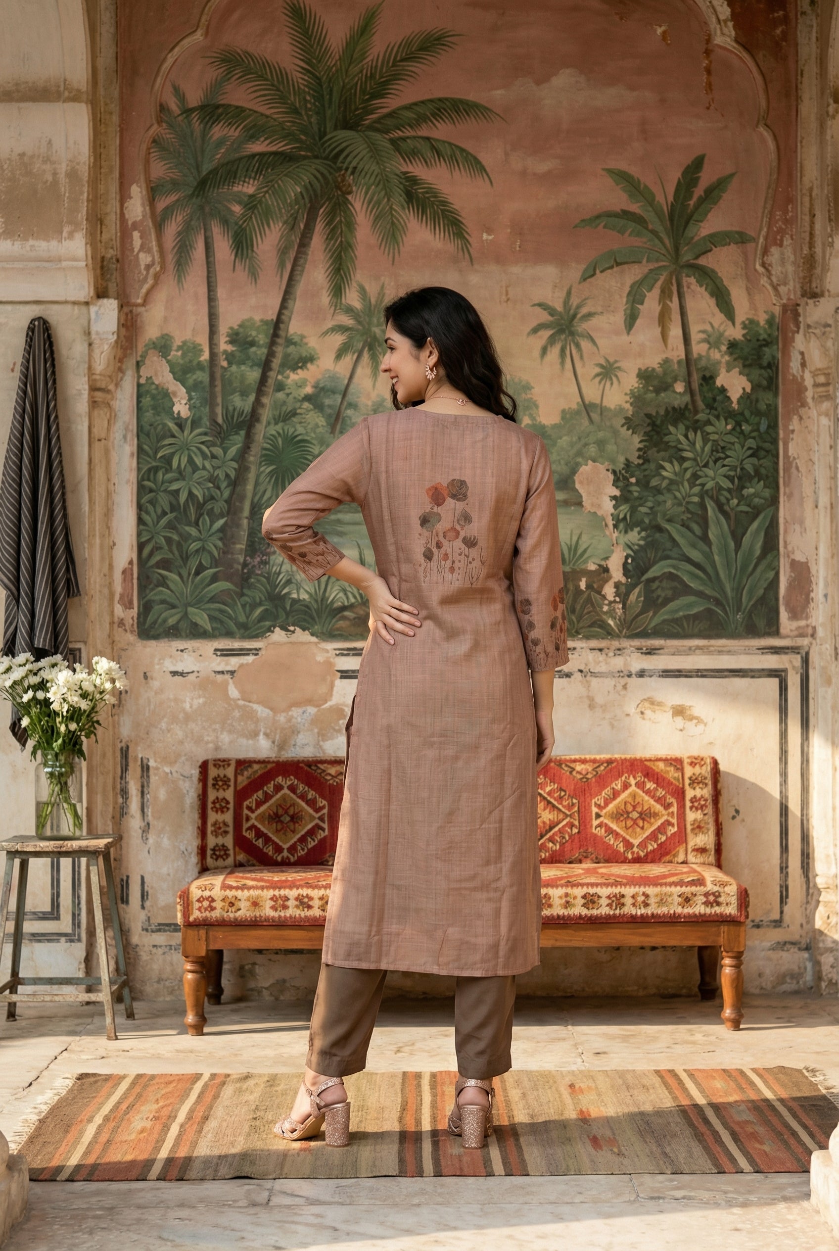 Brown Floral Print Round Neck Kurta Set With Dupatta For Women