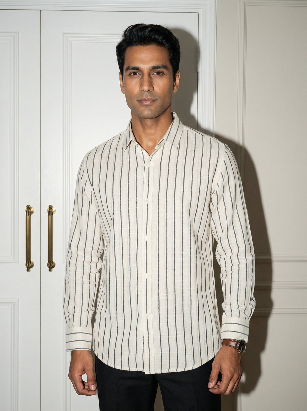 Black Striped Band Collar Handloom Cotton Shirt For Men