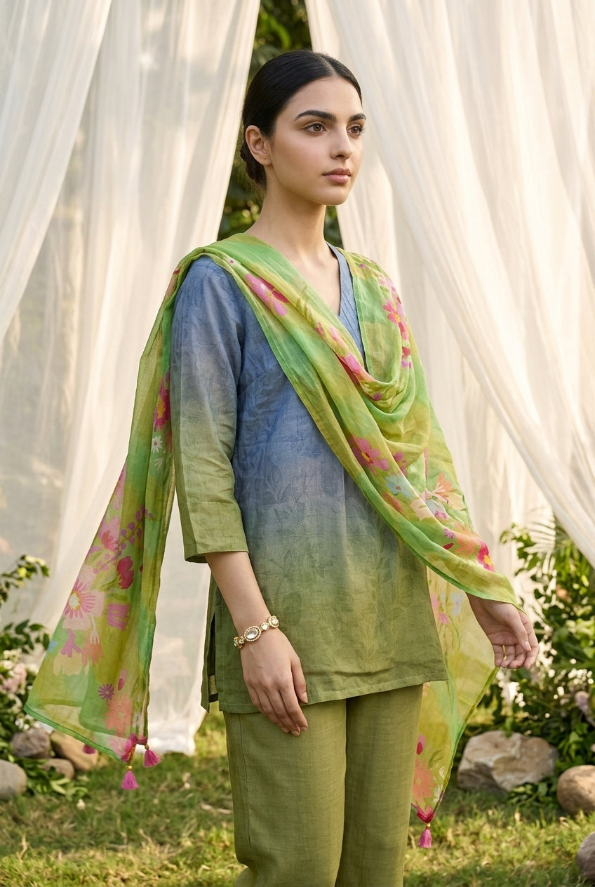 Blue & Olive Green V-Neck Ombre Print Women Co-Ord Set With Floral Dupatta