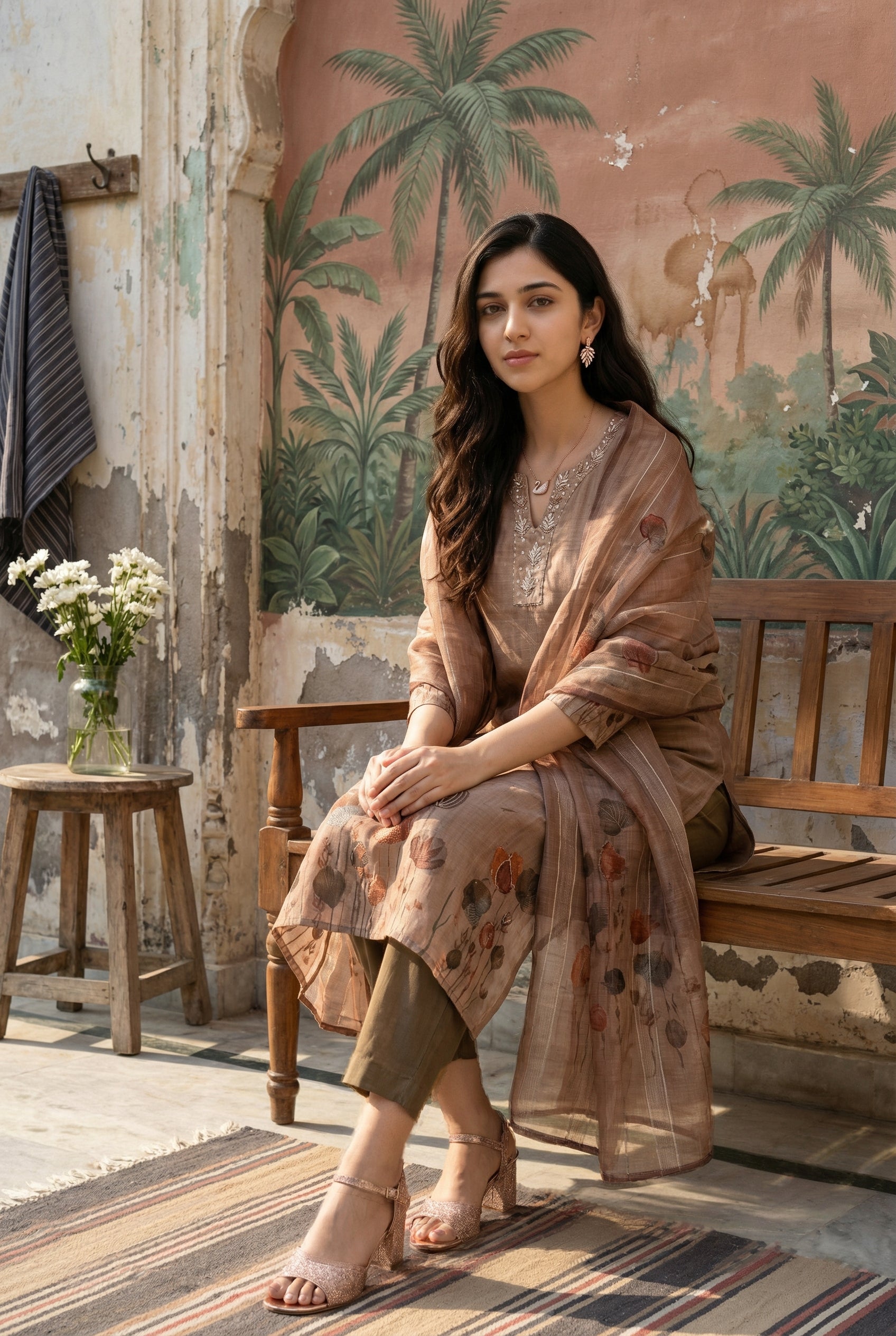 Brown Floral Print Round Neck Kurta Set With Dupatta For Women