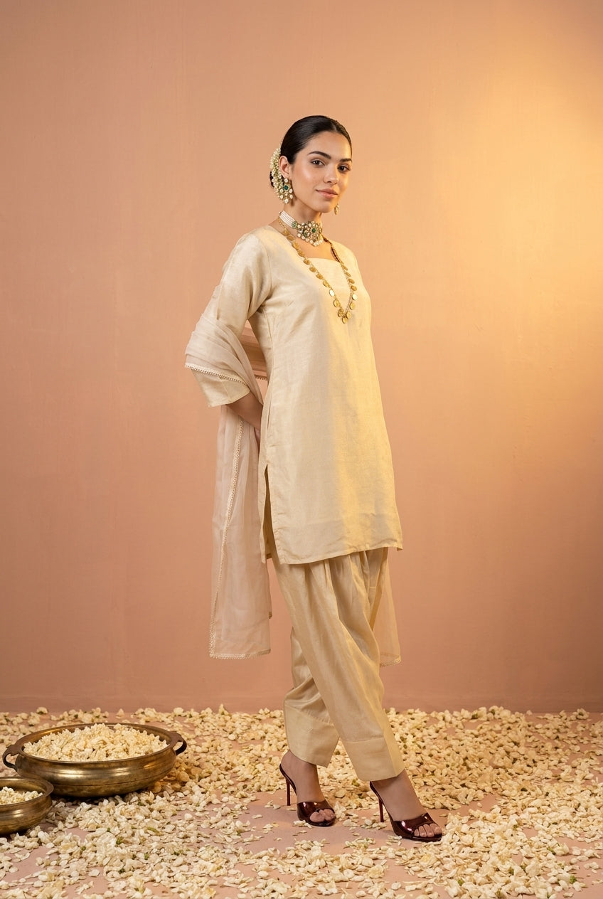 Ivory Cream Tissue Silk Full Sleeve Farshi Kurta With Salwar & Dupatta Set For Women