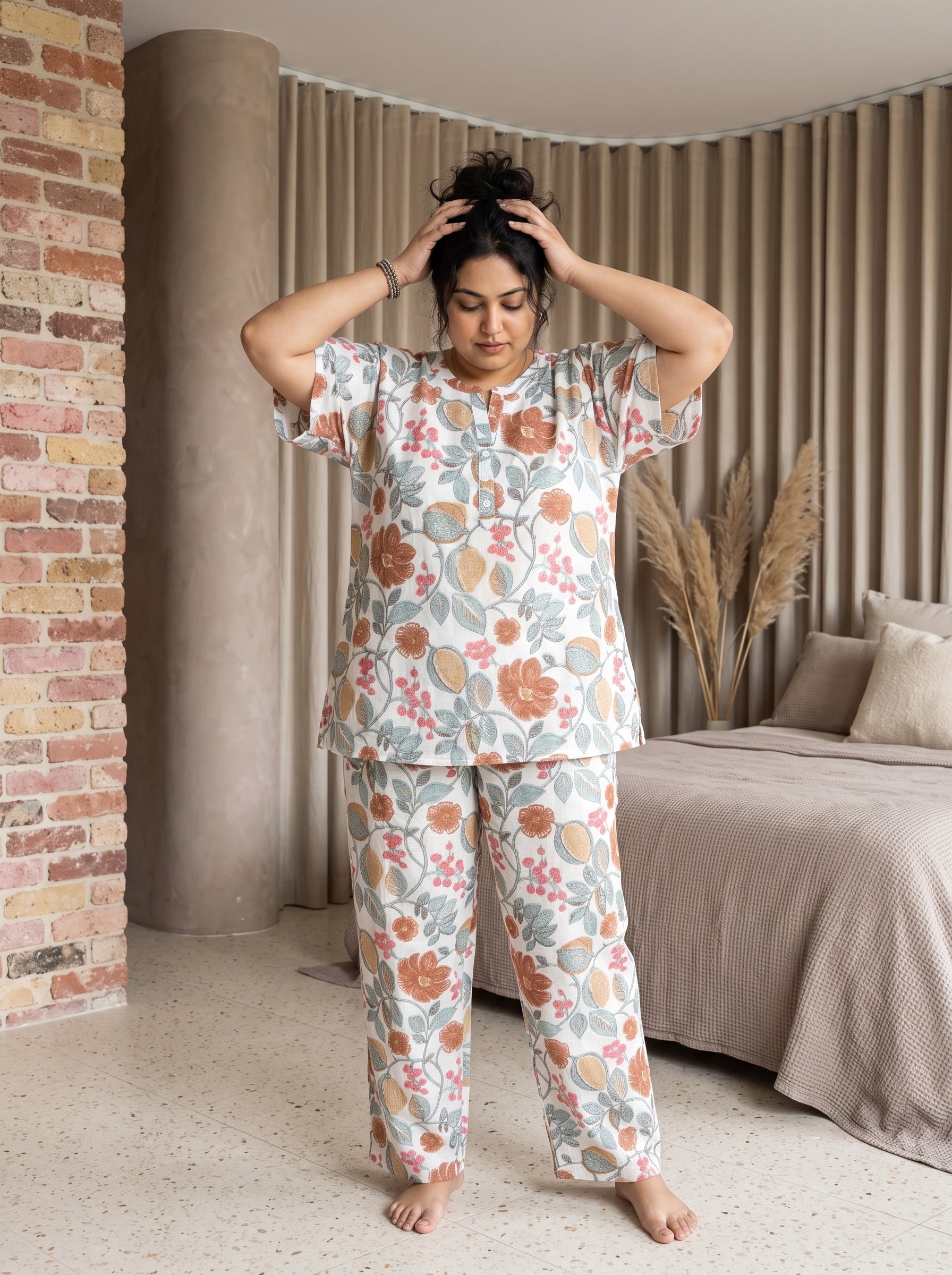 White Floral Notch Neck Cotton Plus Size Night Suit For Women