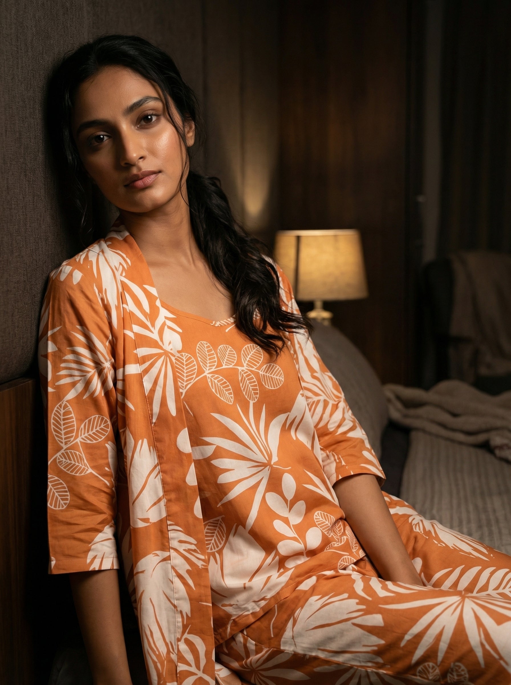 Orange Leaf Print Round Neck Pure Cotton Three Piece Night Suit Set for Women