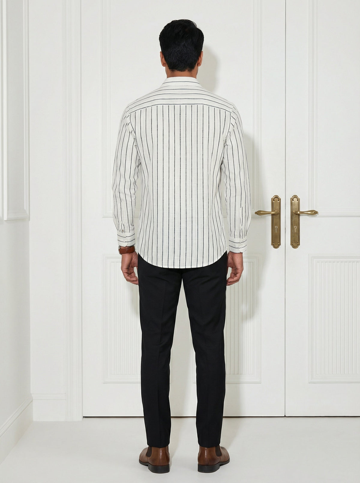 Black Striped Band Collar Handloom Cotton Shirt For Men