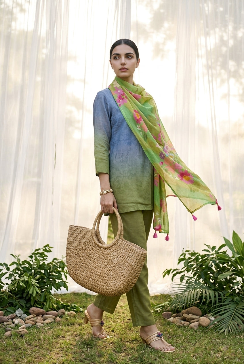 Blue & Olive Green V-Neck Ombre Print Women Co-Ord Set With Floral Dupatta