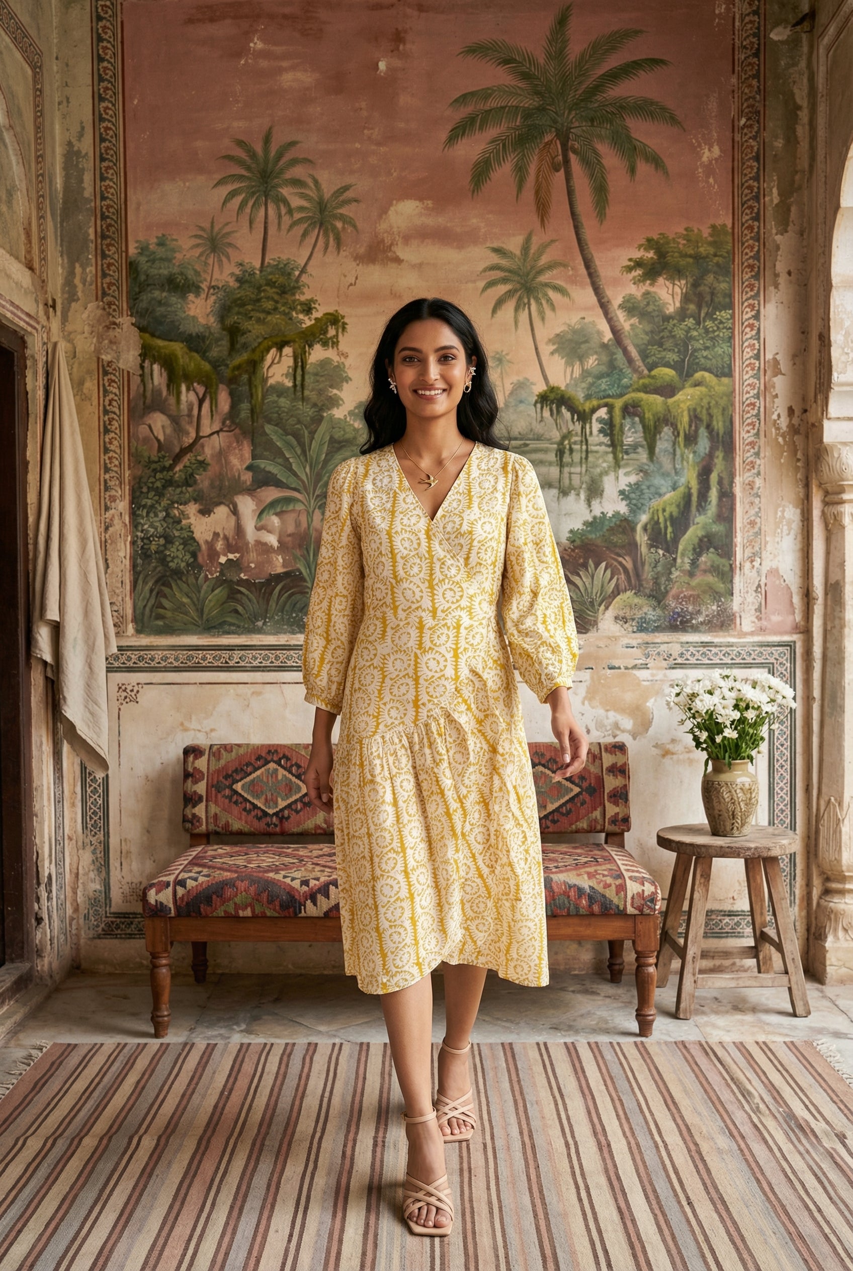 Yellow Motifs V-Neck Pure Cotton Dress For Women