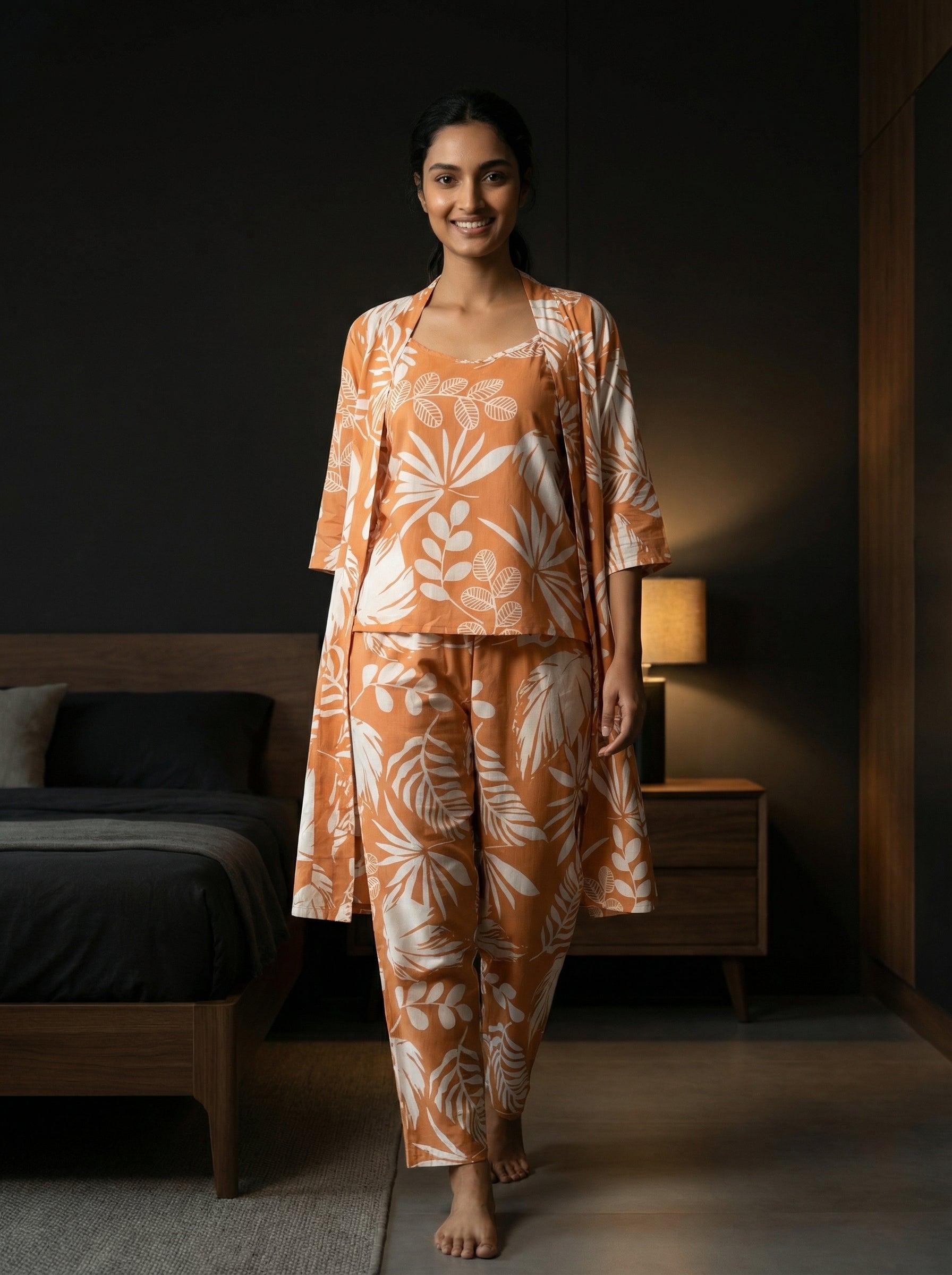 Orange Leaf Print Round Neck Pure Cotton Three Piece Night Suit Set for Women