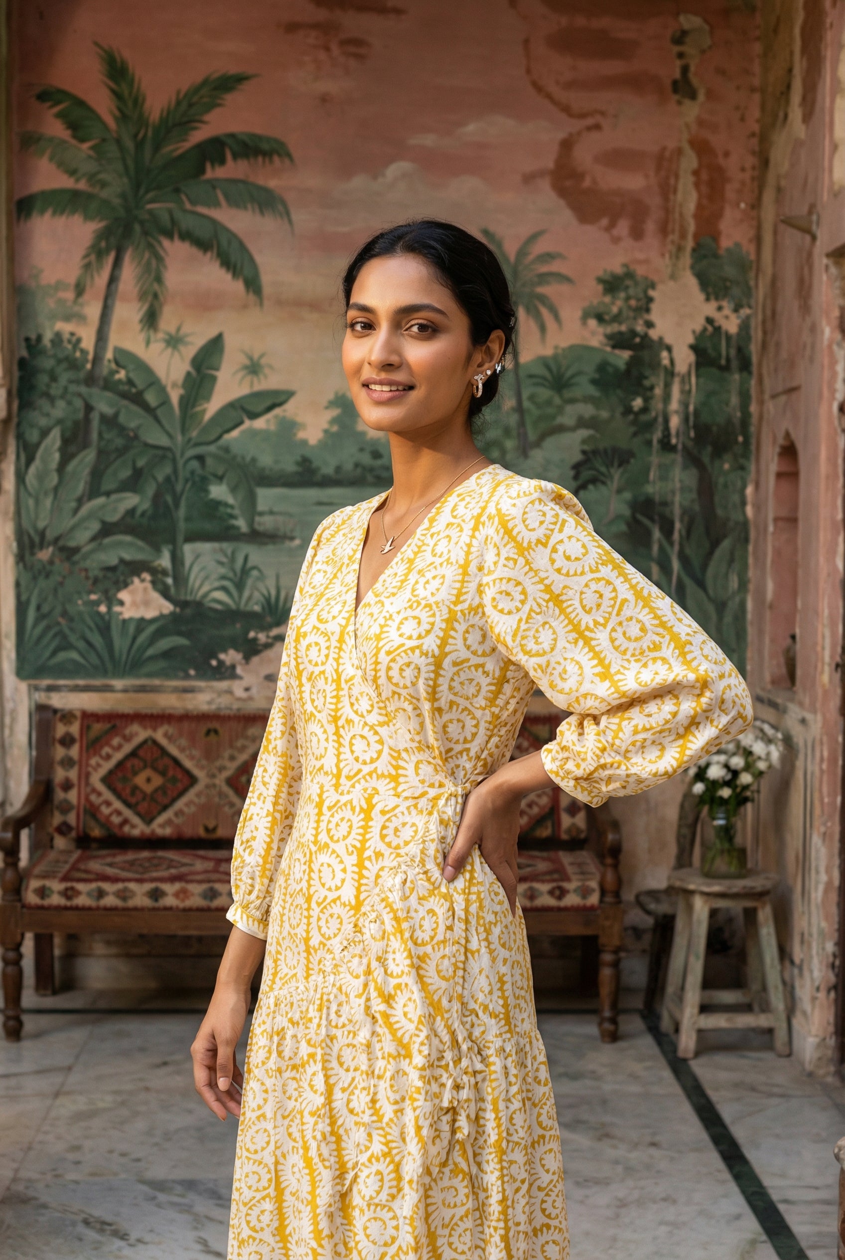 Yellow Motifs V-Neck Pure Cotton Dress For Women