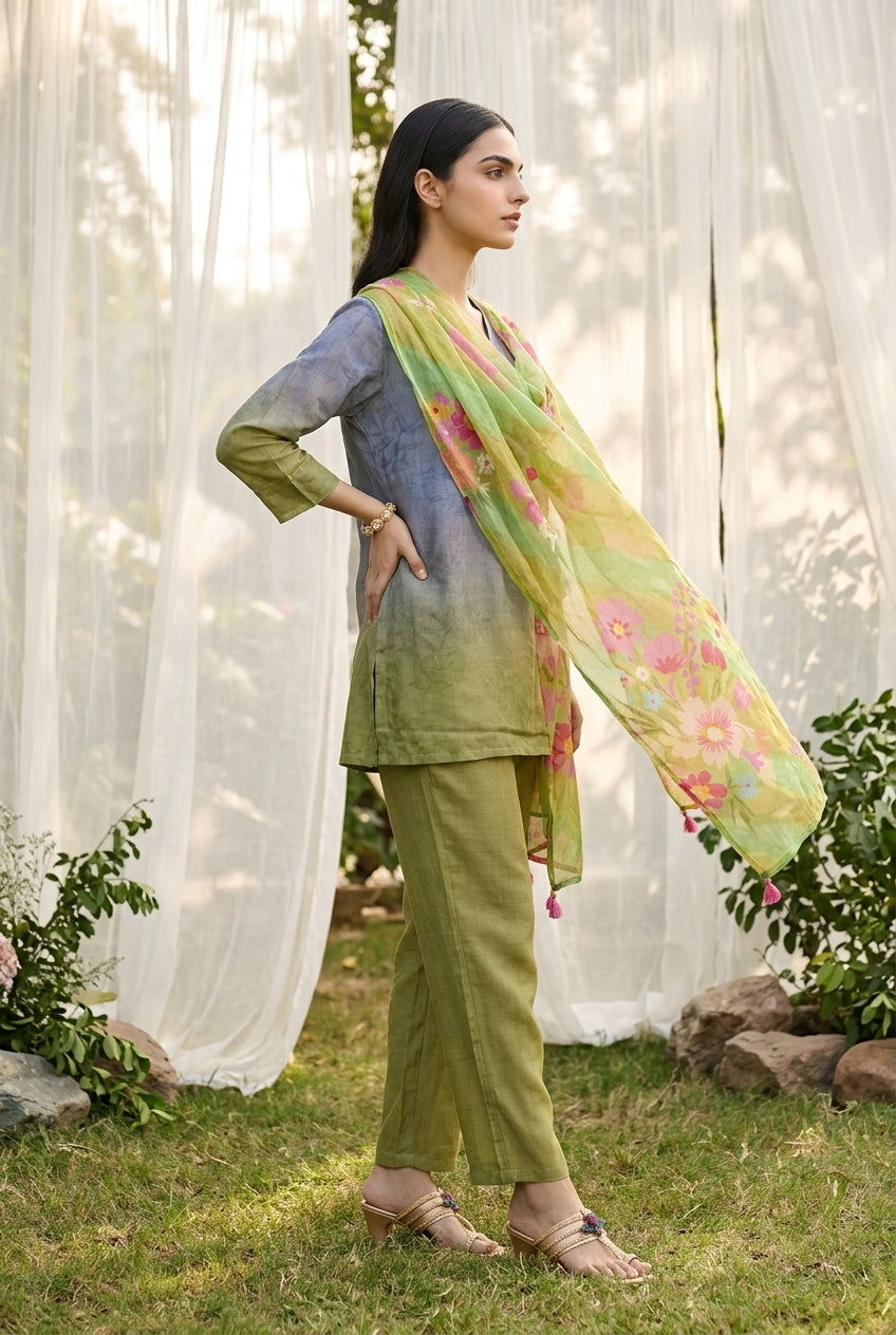Blue & Olive Green V-Neck Ombre Print Women Co-Ord Set With Floral Dupatta