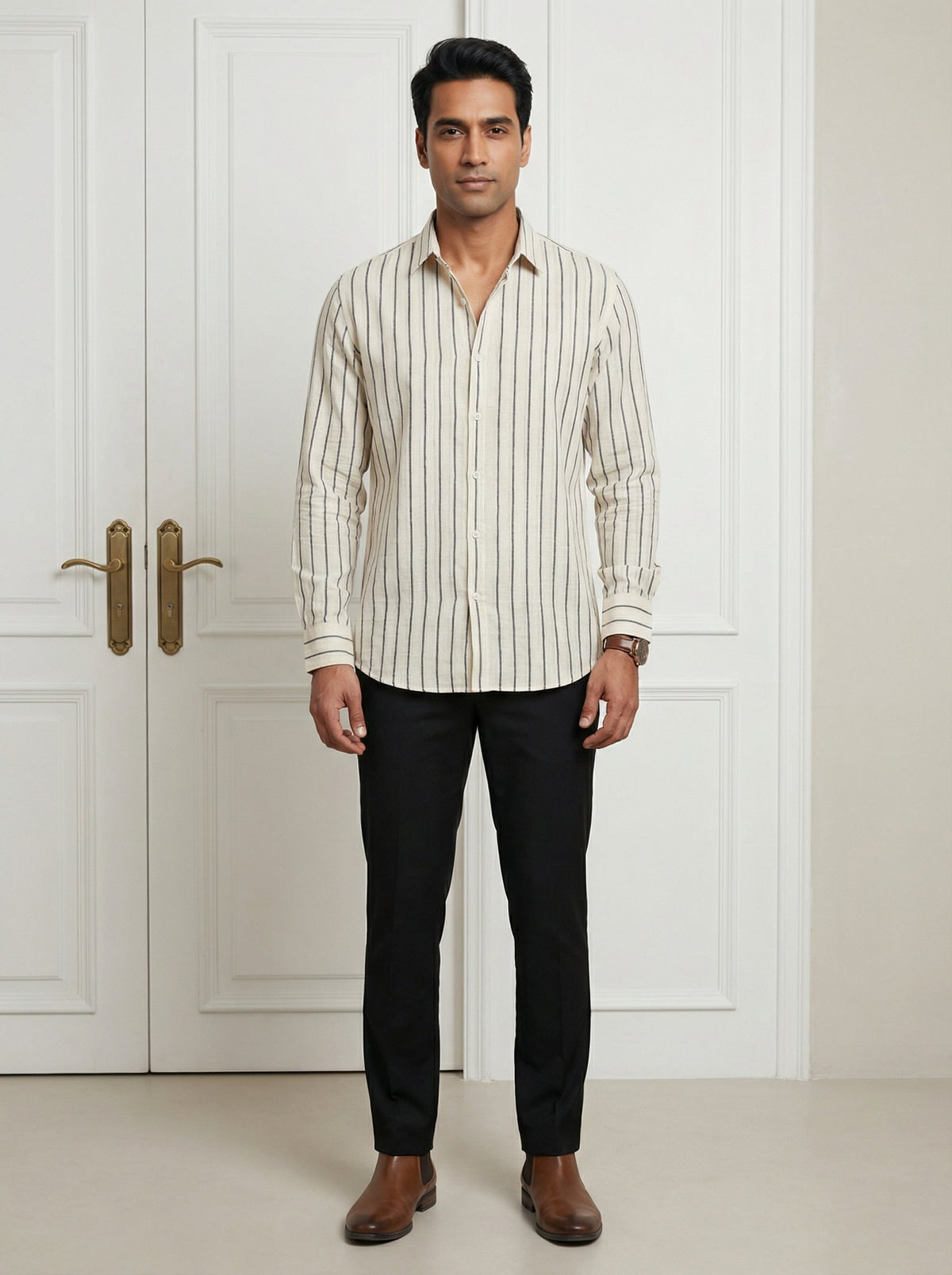 Black Striped Band Collar Handloom Cotton Shirt For Men