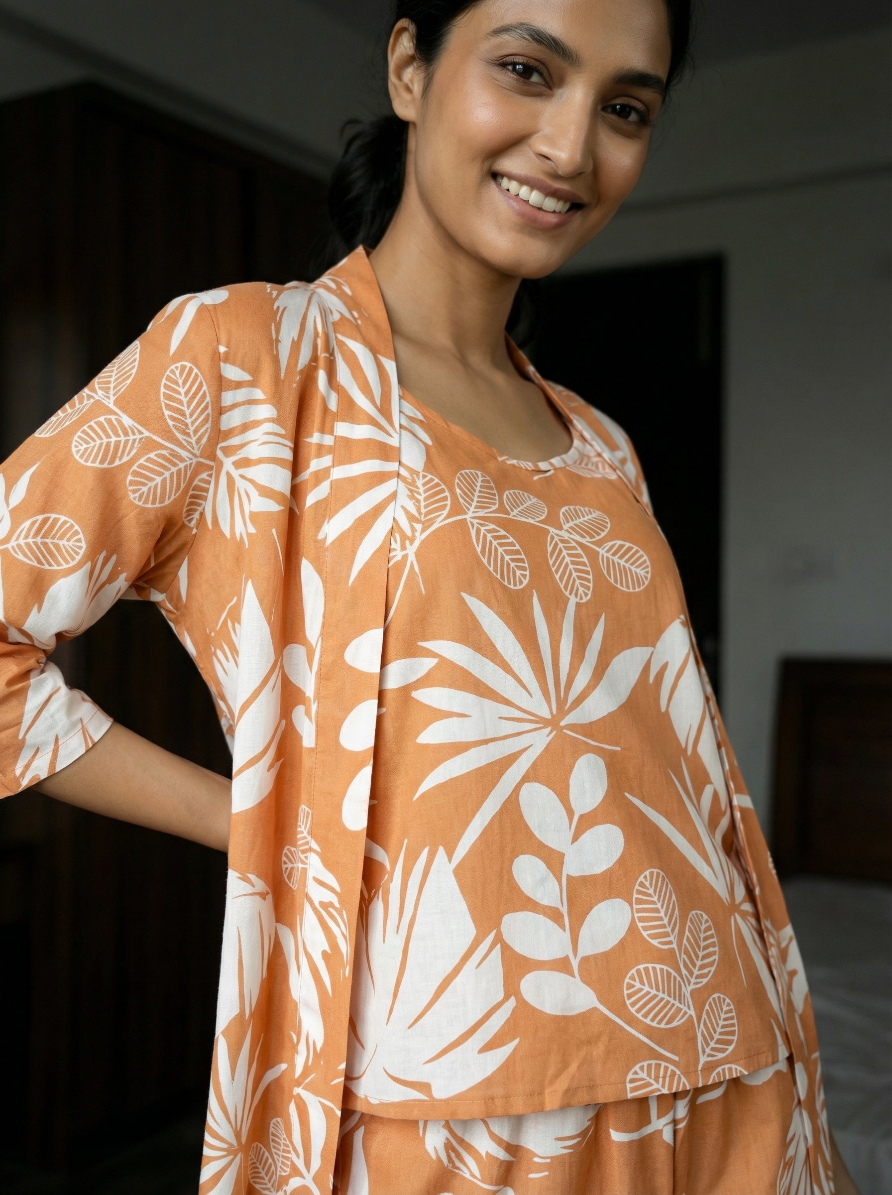 Orange Leaf Print Round Neck Pure Cotton Three Piece Night Suit Set for Women